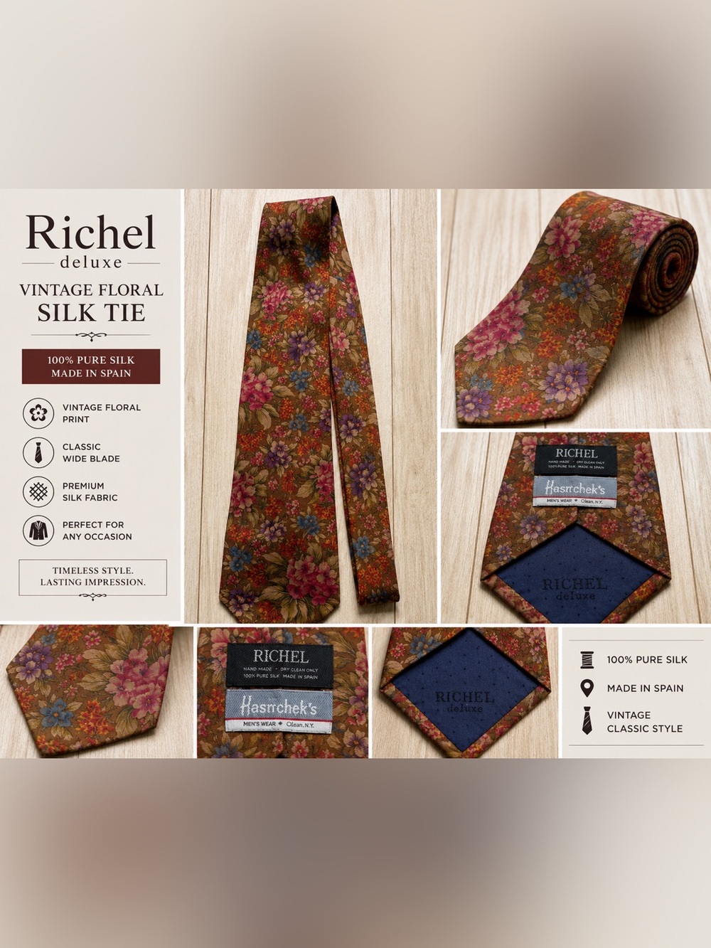 Vintage Richel Deluxe Floral Silk Tie Brown Multicolor Flower Print Necktie
